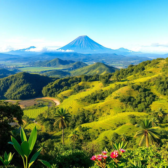A stunning geographical photo of Indonesia showcasing its diverse landscapes, featuring lush green rice terraces, vibrant tropical forests, and beautiful beaches