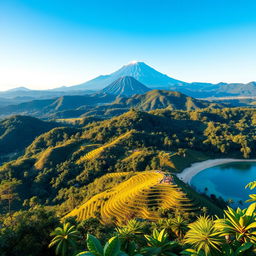 A stunning geographical photo of Indonesia showcasing its diverse landscapes, featuring lush green rice terraces, vibrant tropical forests, and beautiful beaches