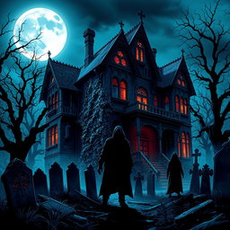 A spooky and atmospheric haunted mansion with intricate Gothic architecture, surrounded by a misty graveyard filled with old tombstones and gnarled trees