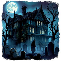 A spooky and atmospheric haunted mansion with intricate Gothic architecture, surrounded by a misty graveyard filled with old tombstones and gnarled trees