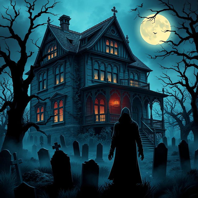 A spooky and atmospheric haunted mansion with intricate Gothic architecture, surrounded by a misty graveyard filled with old tombstones and gnarled trees