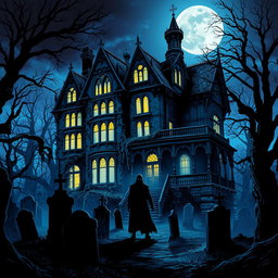A spooky and atmospheric haunted mansion with intricate Gothic architecture, surrounded by a misty graveyard filled with old tombstones and gnarled trees