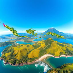 A breathtaking geographical photo of Indonesia that captures its vibrant landscapes, including green rice terraces, stunning beaches, and majestic volcanoes