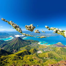 A breathtaking geographical photo of Indonesia that captures its vibrant landscapes, including green rice terraces, stunning beaches, and majestic volcanoes