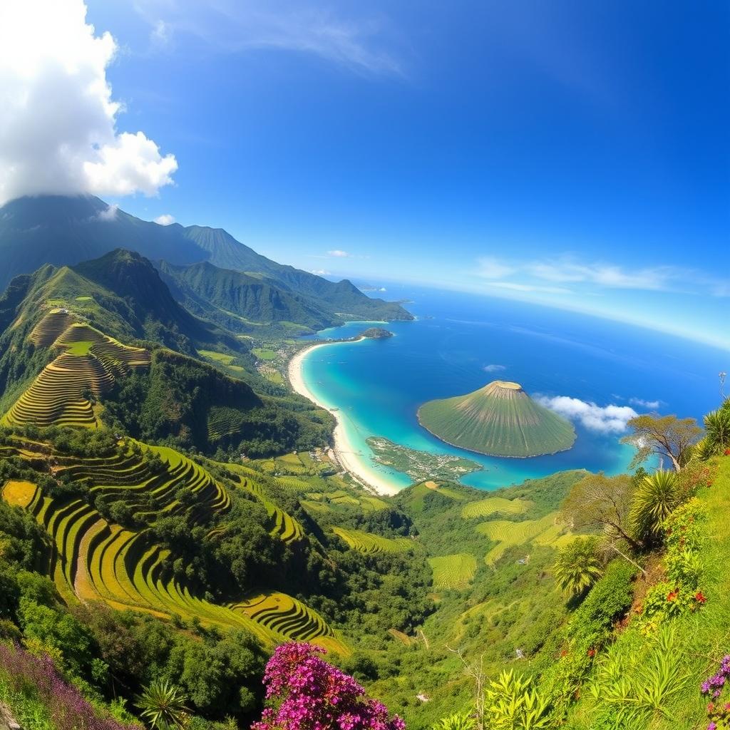 A breathtaking geographical photo of Indonesia that captures its vibrant landscapes, including green rice terraces, stunning beaches, and majestic volcanoes