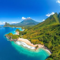 A breathtaking geographical photo of Indonesia that captures its vibrant landscapes, including green rice terraces, stunning beaches, and majestic volcanoes
