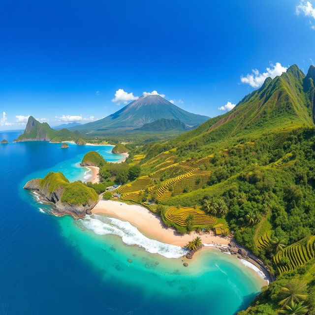 A breathtaking geographical photo of Indonesia that captures its vibrant landscapes, including green rice terraces, stunning beaches, and majestic volcanoes