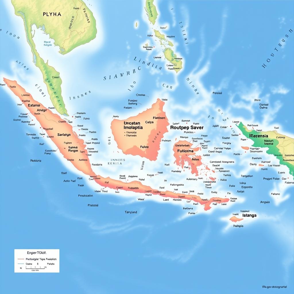 A detailed geographical map of Indonesia, highlighting its unique geographical features such as major islands, regional divisions, rivers, mountains, and cities