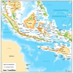 A detailed geographical map of Indonesia, highlighting its unique geographical features such as major islands, regional divisions, rivers, mountains, and cities
