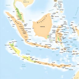 A detailed geographical map of Indonesia, highlighting its unique geographical features such as major islands, regional divisions, rivers, mountains, and cities