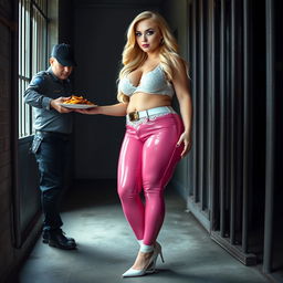 A full-length photograph of a sexy, stunningly beautiful, really fat 18-year-old girl with luxurious blond hair and striking crystal blue eyes