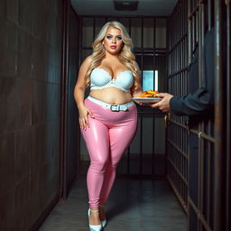 A full-length photograph of a sexy, stunningly beautiful, really fat 18-year-old girl with luxurious blond hair and striking crystal blue eyes