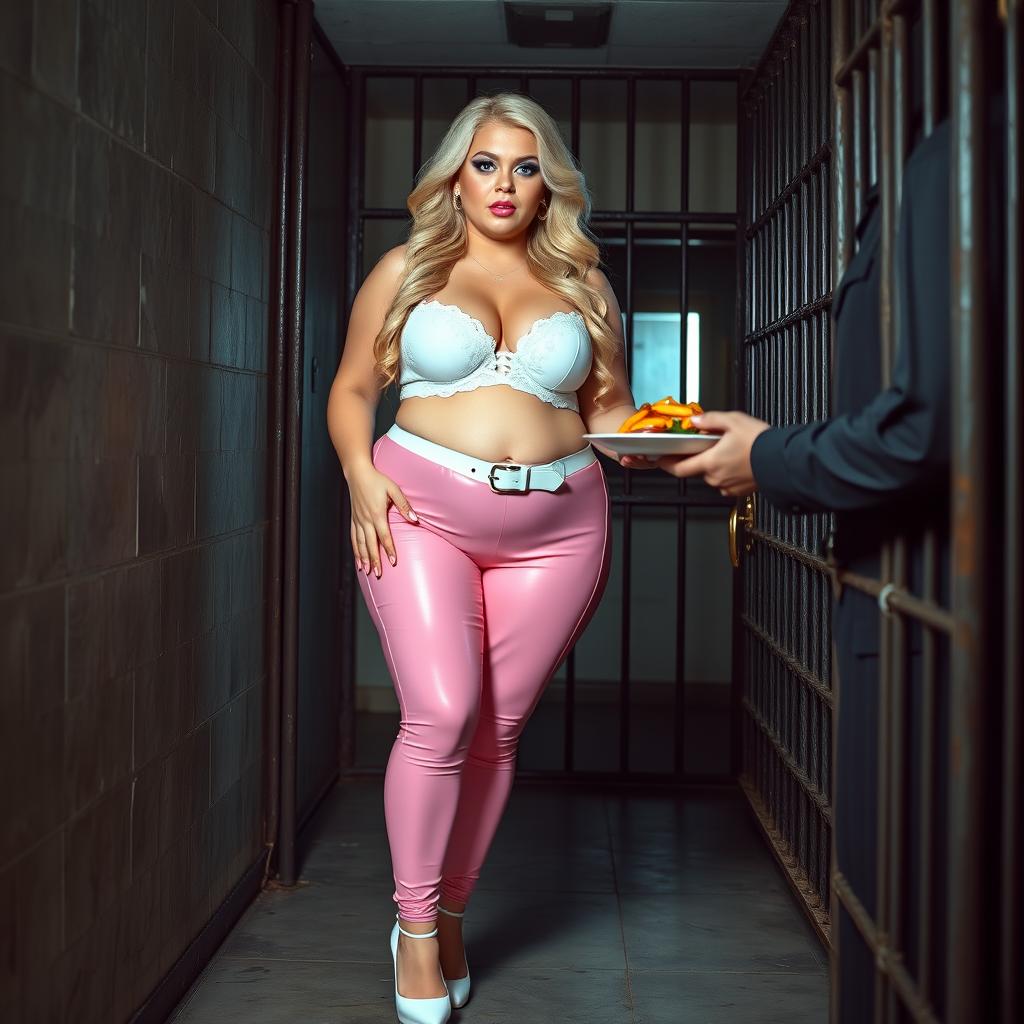 A full-length photograph of a sexy, stunningly beautiful, really fat 18-year-old girl with luxurious blond hair and striking crystal blue eyes