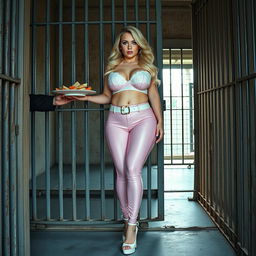 A full-length photograph of a sexy, stunningly beautiful, really fat 18-year-old girl with luxurious blond hair and striking crystal blue eyes