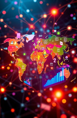 A captivating visual representation of global insights, showcasing a diverse world map filled with vibrant colors and interconnected lines symbolizing data flow