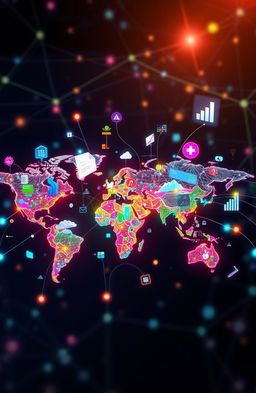 A captivating visual representation of global insights, showcasing a diverse world map filled with vibrant colors and interconnected lines symbolizing data flow