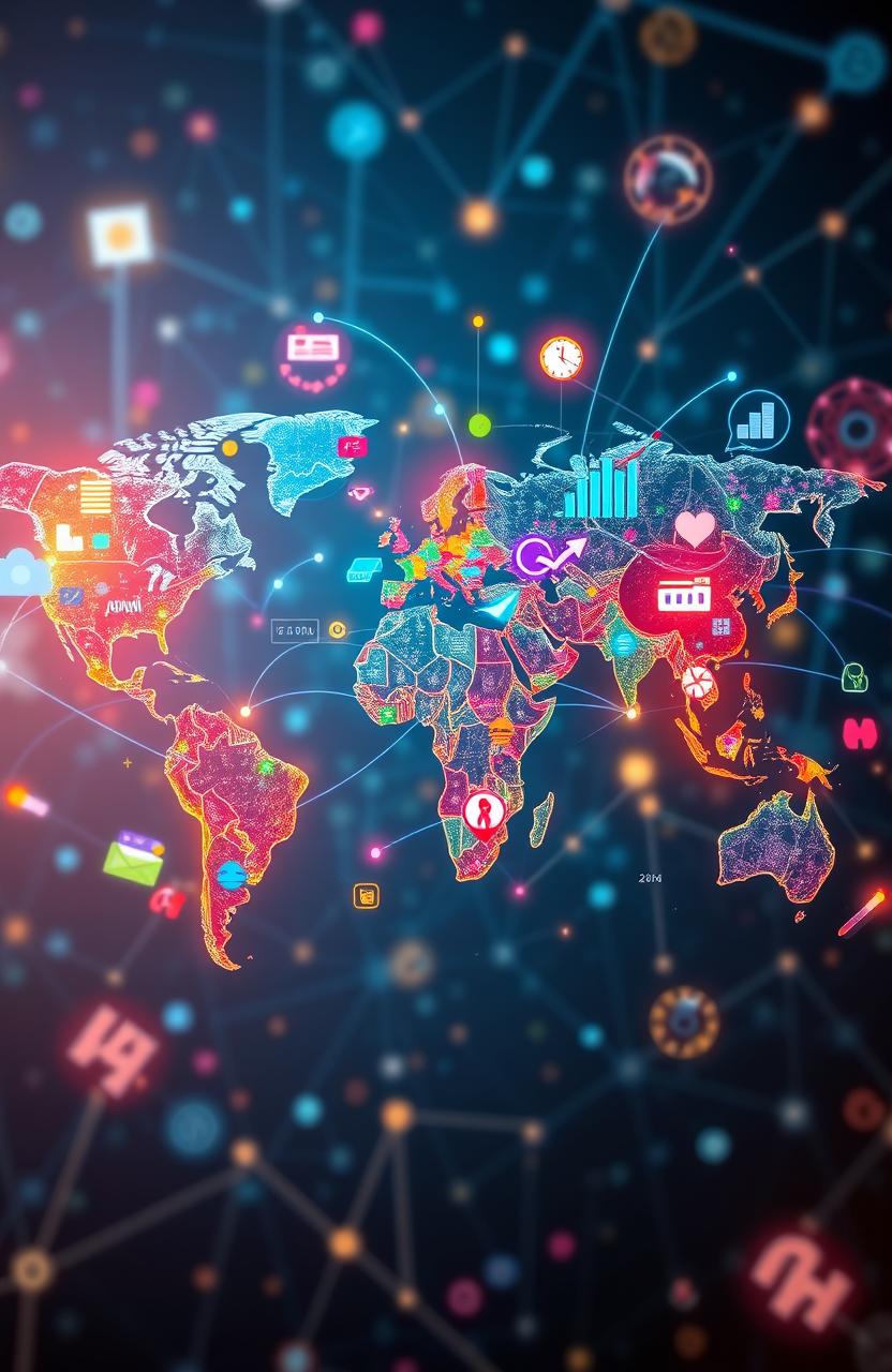 A captivating visual representation of global insights, showcasing a diverse world map filled with vibrant colors and interconnected lines symbolizing data flow