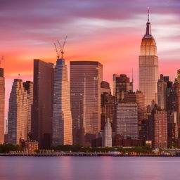 A breathtaking view of the New York City skyline during sunset, with skyscrapers aglow in the warm light and their reflections dancing on the Hudson River.