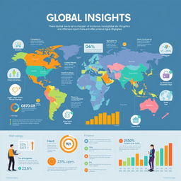 A visually striking infographic that represents global insights, featuring a world map with highlighted regions displaying key statistics and demographic data