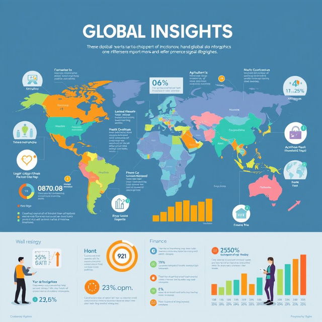 A visually striking infographic that represents global insights, featuring a world map with highlighted regions displaying key statistics and demographic data