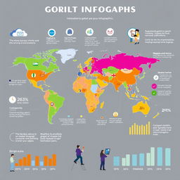 A visually striking infographic that represents global insights, featuring a world map with highlighted regions displaying key statistics and demographic data