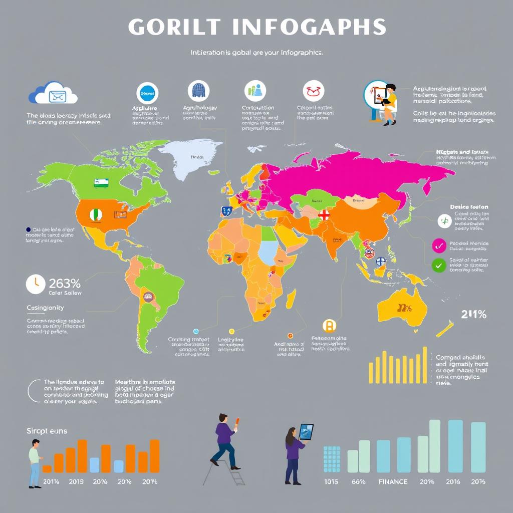 A visually striking infographic that represents global insights, featuring a world map with highlighted regions displaying key statistics and demographic data