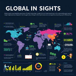 A visually striking infographic that represents global insights, featuring a world map with highlighted regions displaying key statistics and demographic data