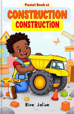 A colorful children's construction book cover featuring an adorable one-year-old black boy with cute 4C hair, joyfully playing with a bright yellow dump truck