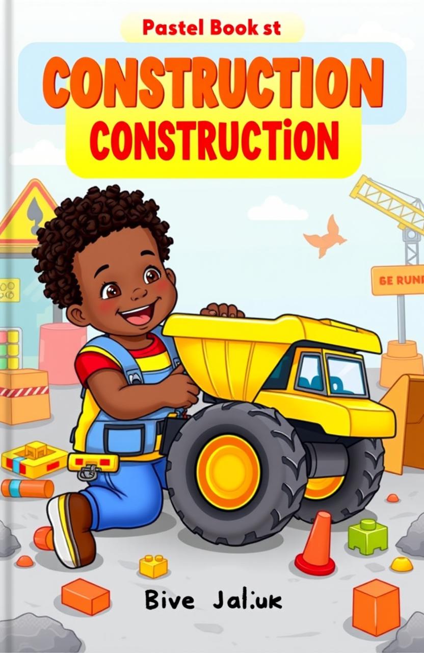 A colorful children's construction book cover featuring an adorable one-year-old black boy with cute 4C hair, joyfully playing with a bright yellow dump truck