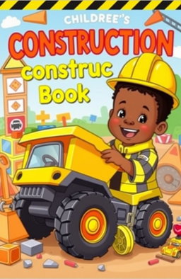 A colorful children's construction book cover featuring an adorable one-year-old black boy with cute 4C hair, joyfully playing with a bright yellow dump truck