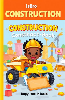 A colorful children's construction book cover featuring an adorable one-year-old black boy with cute 4C hair, joyfully playing with a bright yellow dump truck