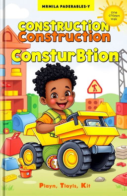 A colorful children's construction book cover featuring an adorable one-year-old black boy with cute 4C hair, joyfully playing with a bright yellow dump truck