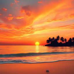 An artistic depiction of a vibrant orange sunset over a tranquil ocean, with silhouettes of palm trees on the shore