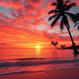 An artistic depiction of a vibrant orange sunset over a tranquil ocean, with silhouettes of palm trees on the shore