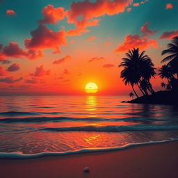 An artistic depiction of a vibrant orange sunset over a tranquil ocean, with silhouettes of palm trees on the shore