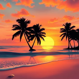 An artistic depiction of a vibrant orange sunset over a tranquil ocean, with silhouettes of palm trees on the shore
