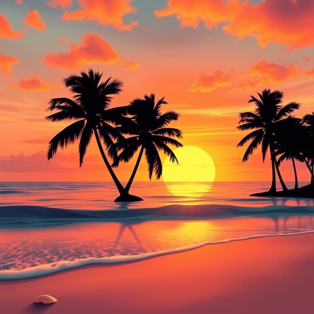 An artistic depiction of a vibrant orange sunset over a tranquil ocean, with silhouettes of palm trees on the shore