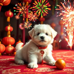 A cute soft white puppy with fluffy fur, wearing a festive red and gold Chinese New Year collar