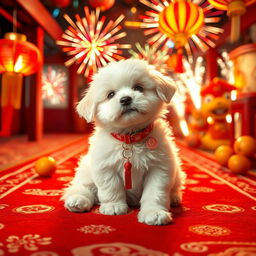 A cute soft white puppy with fluffy fur, wearing a festive red and gold Chinese New Year collar