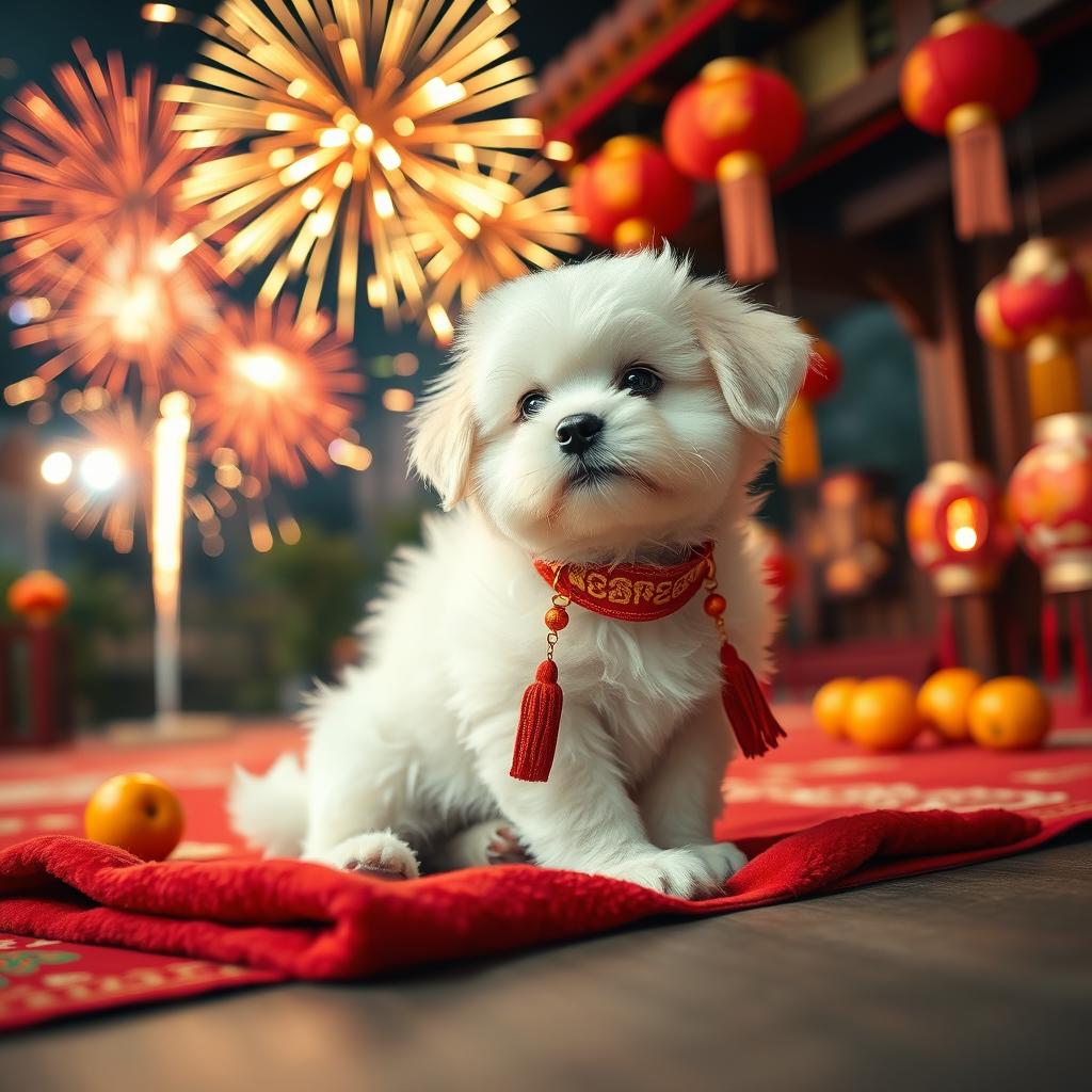 A cute soft white puppy with fluffy fur, wearing a festive red and gold Chinese New Year collar