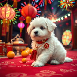 A cute soft white puppy with fluffy fur, wearing a festive red and gold Chinese New Year collar
