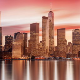 A breathtaking view of the New York City skyline during sunset, with skyscrapers aglow in the warm light and their reflections dancing on the Hudson River.