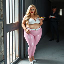 A full-length photograph of a sexy, stunningly beautiful, really fat 18-year-old girl with luxurious long blond hair and captivating crystal blue eyes