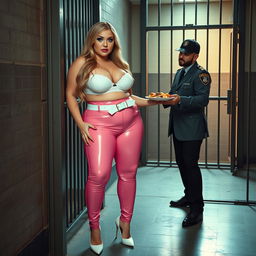 A full-length photograph of a sexy, stunningly beautiful, really fat 18-year-old girl with luxurious long blond hair and captivating crystal blue eyes