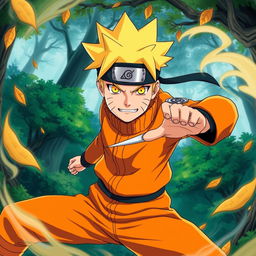 A dynamic and action-packed scene of Sage Naruto in a classic ninja pose, showcasing his vibrant orange jumpsuit and spiky blonde hair