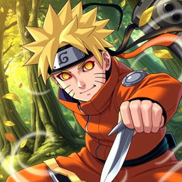 A dynamic and action-packed scene of Sage Naruto in a classic ninja pose, showcasing his vibrant orange jumpsuit and spiky blonde hair