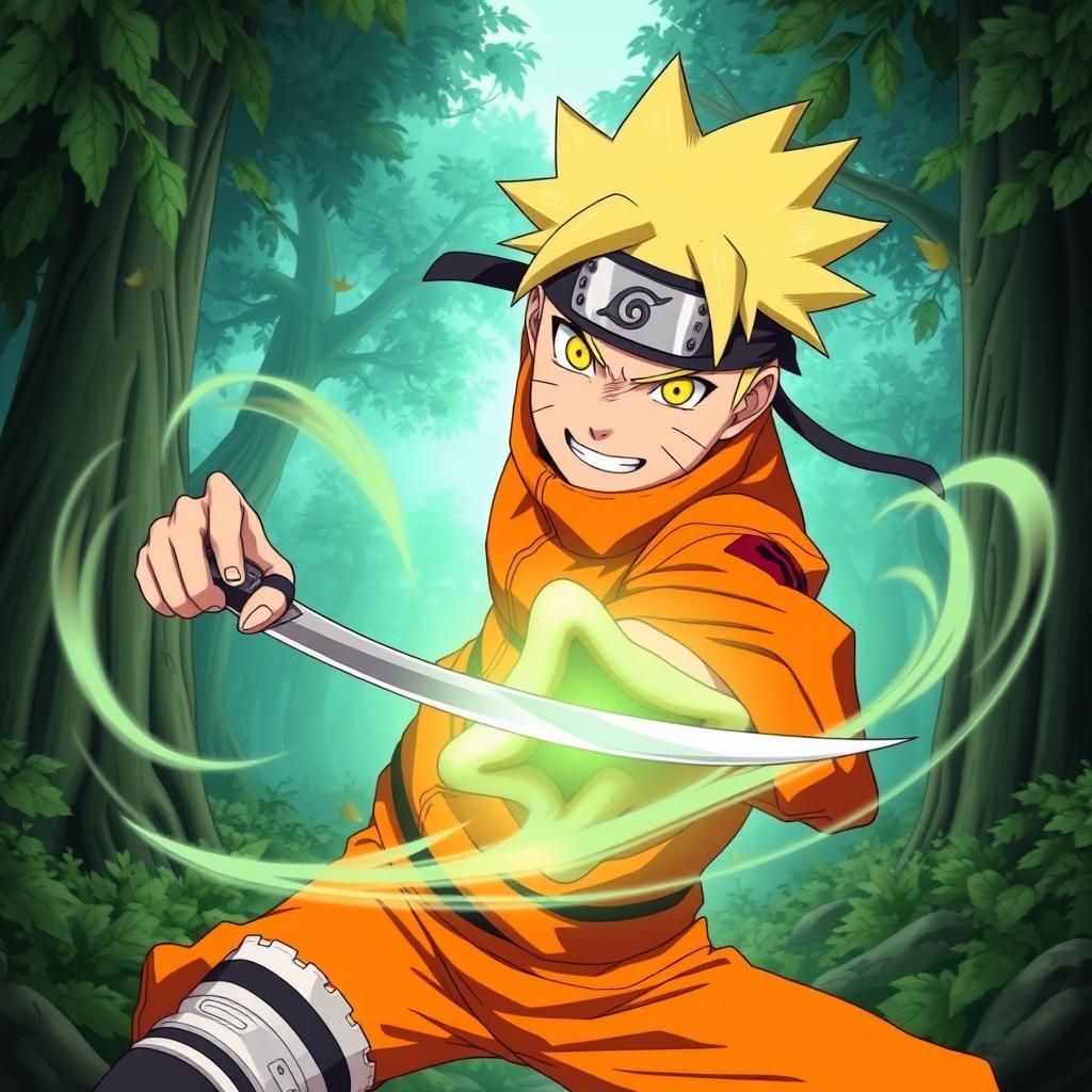 A dynamic and action-packed scene of Sage Naruto in a classic ninja pose, showcasing his vibrant orange jumpsuit and spiky blonde hair