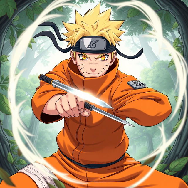 A dynamic and action-packed scene of Sage Naruto in a classic ninja pose, showcasing his vibrant orange jumpsuit and spiky blonde hair