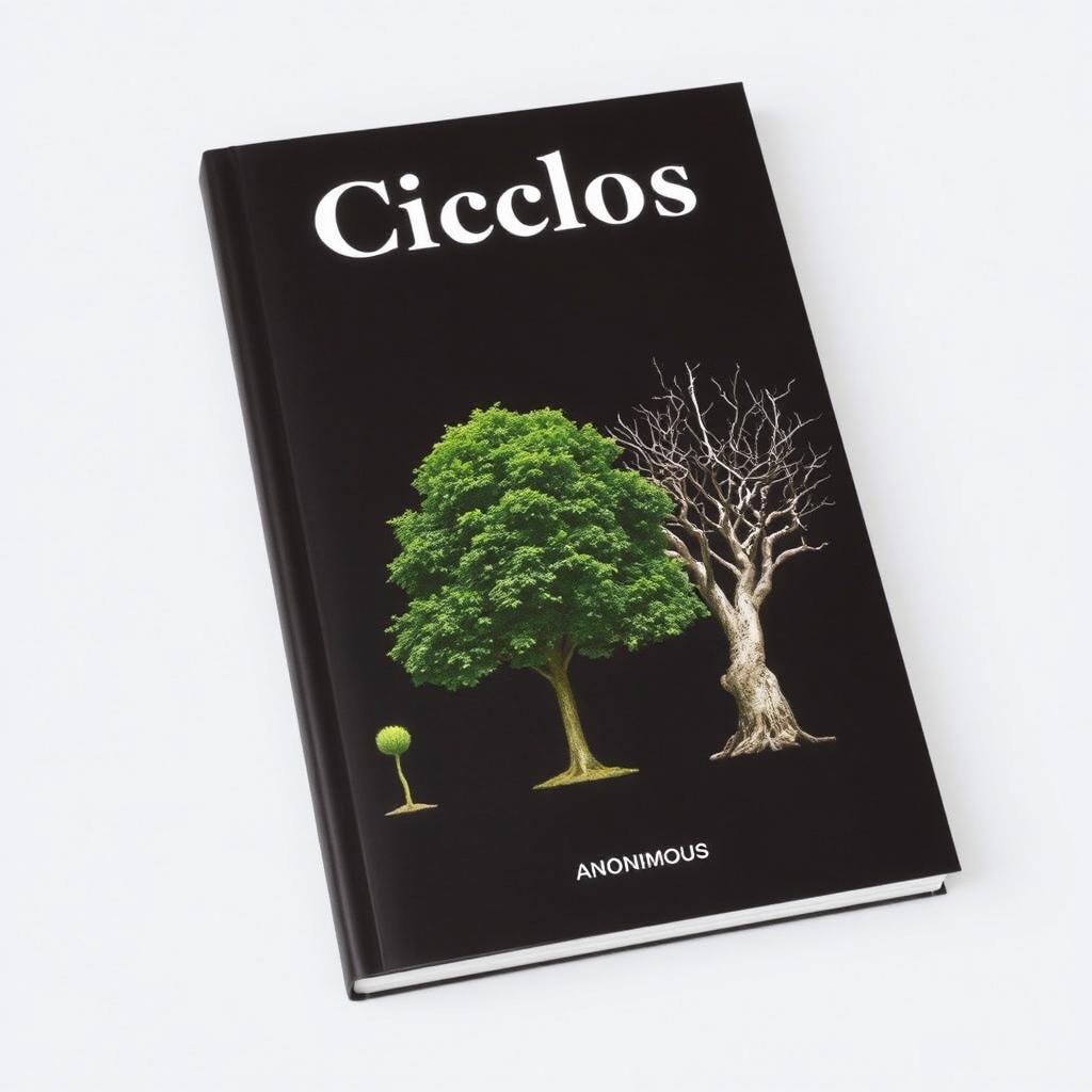 A minimalist book cover featuring a black background that highlights three trees: a young sapling, a fully grown tree, and a dead tree, arranged vertically to showcase the life cycle