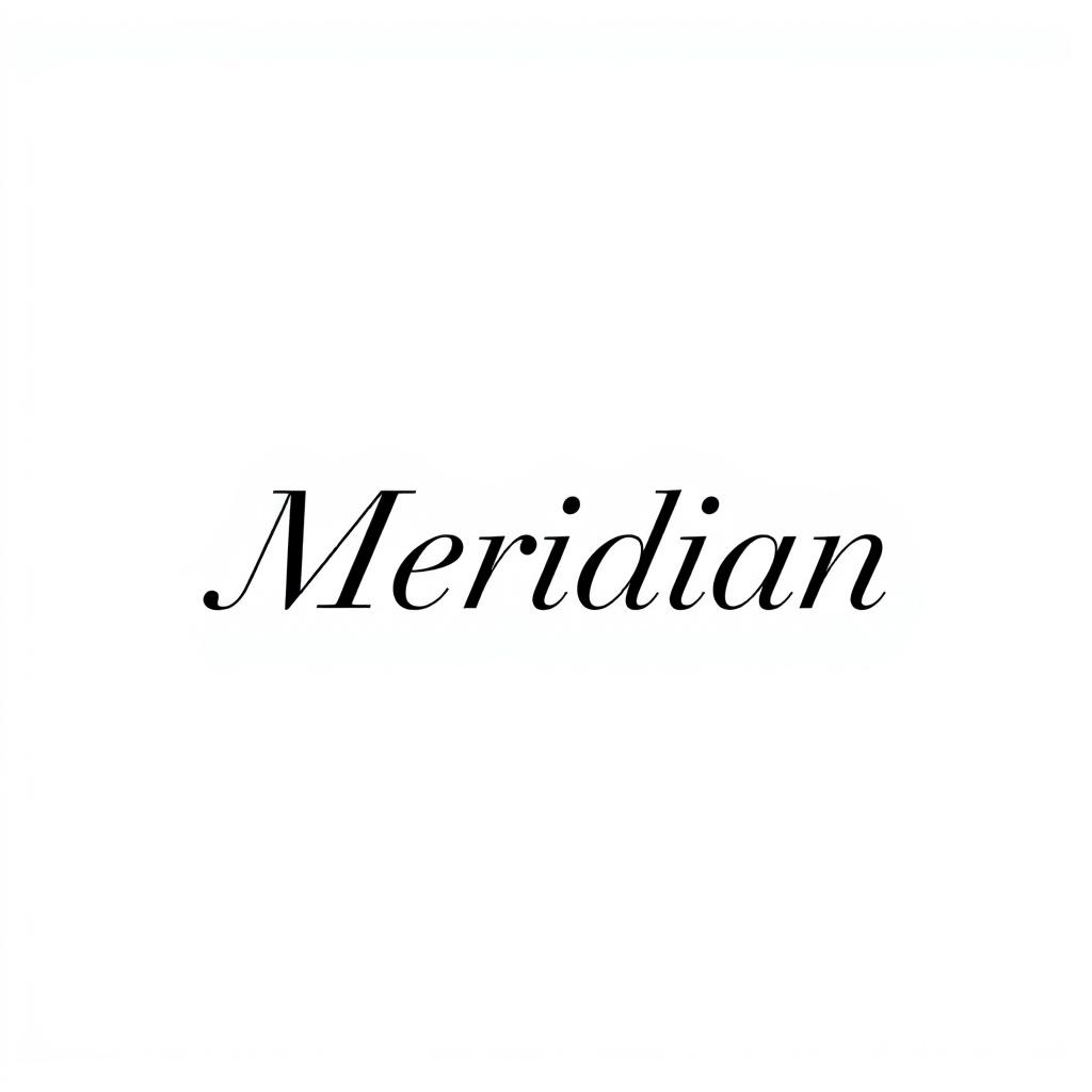 A minimalist design featuring the word 'Meridian' in elegant, simple lettering